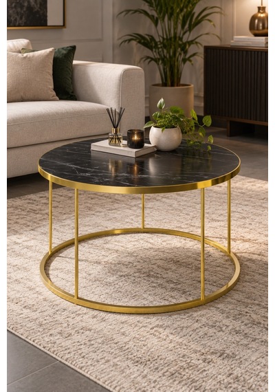 Sulorahome Siyah Ve Gold Ayaklı Yuvarlak Orta Sehpa Siyah - Altın