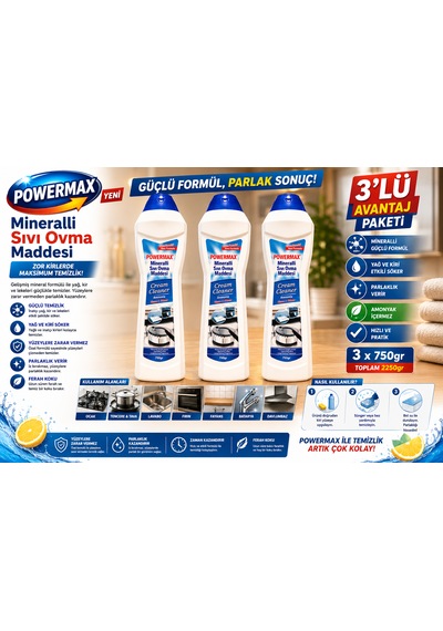 Powermax Mineralli Sıvı Ovma Maddesi 750 Gr X3 Set Çok Amaçlı Yüzey Temizleyici