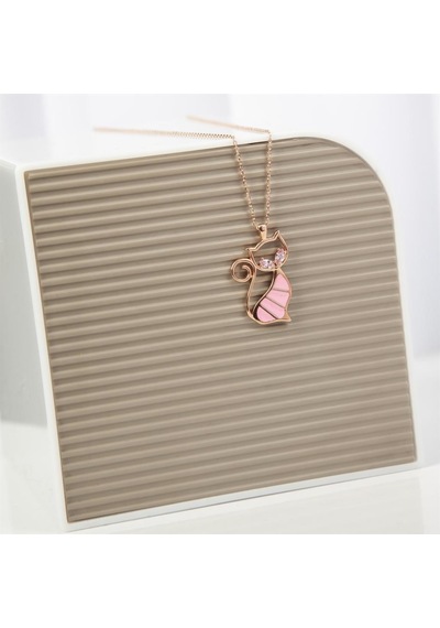 Pembe Kedi Modeli Rodyum Kaplama 925 Gümüş Kadın Kolye