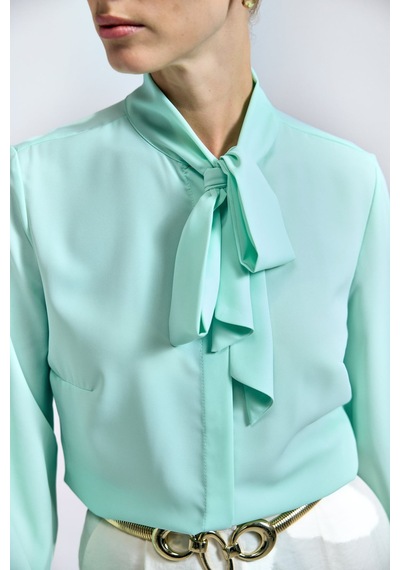 Sateen Yakası Bağlamalı Düz Gömlek - Mint-128707