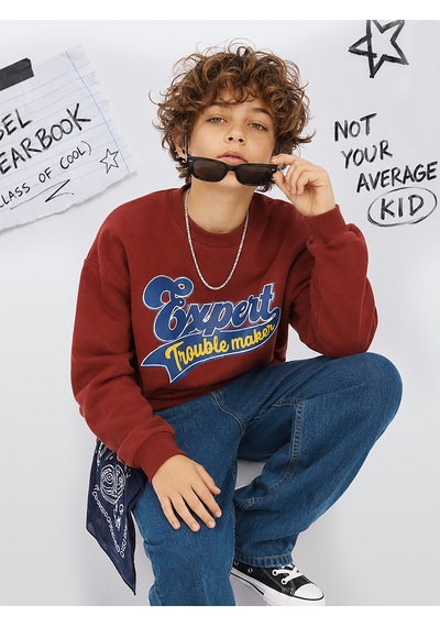 Denokids Erkek Çocuk Oversize Bordo Sweatshirt – Kolej Okul Tarzı (6-11 Yaş)