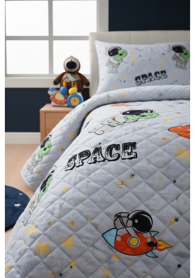 Astronot Çocuk Genç Pike Yatak Örtüsü Takımı Uzay Desen Kapitone Pamuklu 4 Mevsim Çarşafsız 160x230 Gri