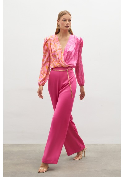 Sateen Zincirli Saten Krep Pantolon - Fusya-134889 Fuşya