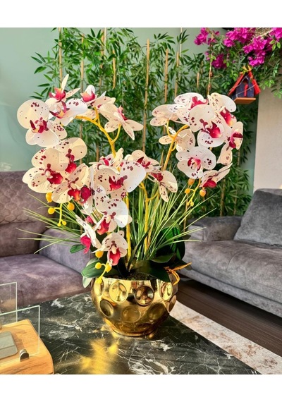 Yapay Çiçek 4lü Bordo Çilli Beyaz Islak Orkide Metal Yuvarlak Gold Vazoda Orkide 50cm