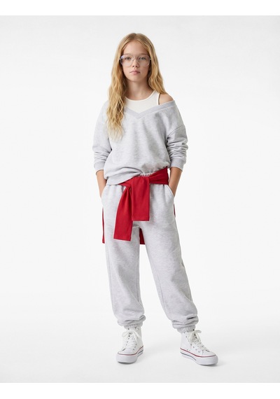 Koton Katmanlı V Yaka Uzun Kollu Pamuklu Şardonlu Sweatshirt Gri Melanj 7wkg10051ak