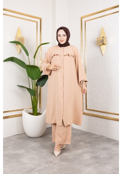 Nevayla Moda Ayrobin Kumaş İnci Detaylı Takım / T112 - Vizon Vizon