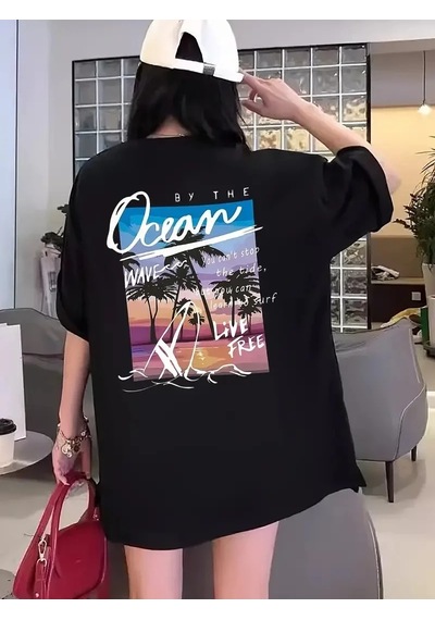 Kadın Kısa Kol Yazlık Tişört Bisiklet Yaka Okyanus Baskılı T-shirt - Siyah
