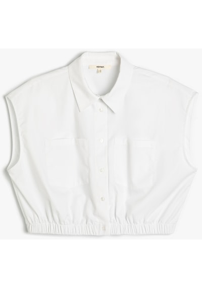 Koton Crop Gömlek Kolsuz Beli Lastikli Cepli Düğmeli Beyaz 4sak60467pw Beyaz