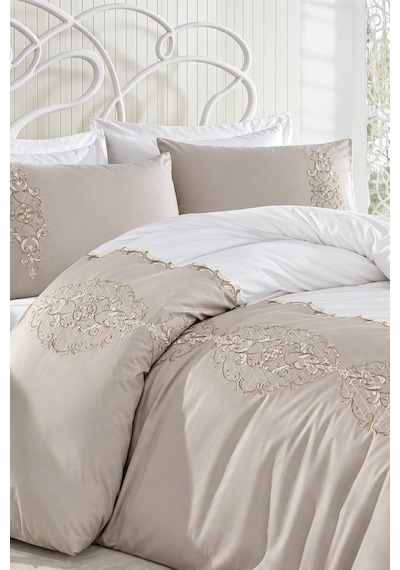 Dantela Elegance Nakışlı Pamuk Saten Çift Kişilik Nevresim Takımı Beyaz Bej