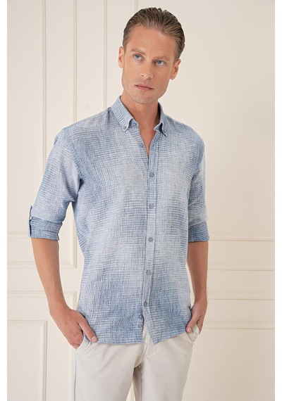 Efor Comfort Fit Batik Desen %100 Keten Mavi Gömlek G 1571 Mavi