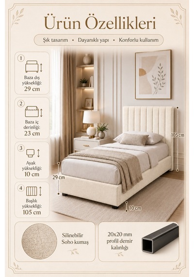 Baza Seti, Alessa Tek Kişilik Baza Başlık Maxi Yatak Seti, Krem - 90x190 Cm 90 x 190