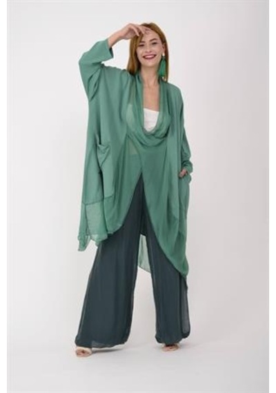 Bohem Stil Italyan Ipek Detaylı Oversize Kaftan & Bluz-8711 Mint Yeşili