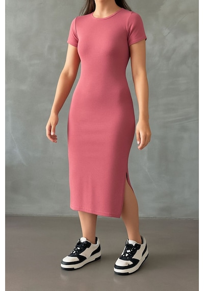 Trend Alisse Yazlık Midi Boy Yırtmaçlı Basic Elbise Gül Kurusu