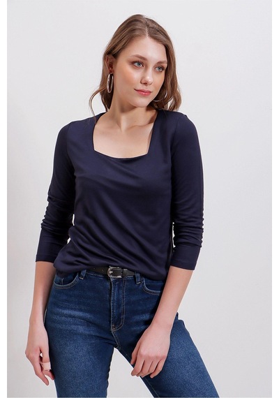 WeShaya Kadın Lacivert Günlük Stil Basic Kare Yaka Uzun Kol Bluz Lacivert