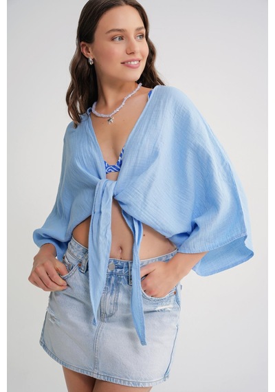 Mixray 4723 Kadın Önü Bağlamalı Bolero Bluz Bebe Mavi