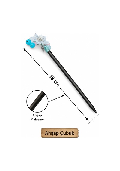 Lunara Turkuaz Boncuklu Çiçekli 18 Cm Ahşap Saç Çubuğu Zarif Topuz Aksesuarı Çok Renkli