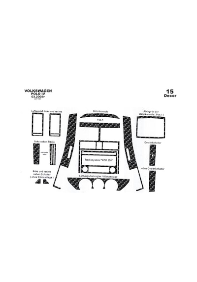 Volkswagen Polo Uyumlu Torpido Kaplama 2005-2009 15 Parça Karbon