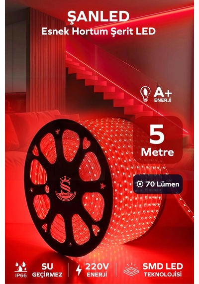 Hortum Esnek 220v Şerit Led Kırmızı 5 Metre 5 Metre
