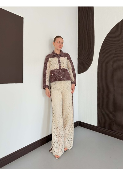Verymoda Dantel Detatlı Kot Ceket F1758 Ham Kahve