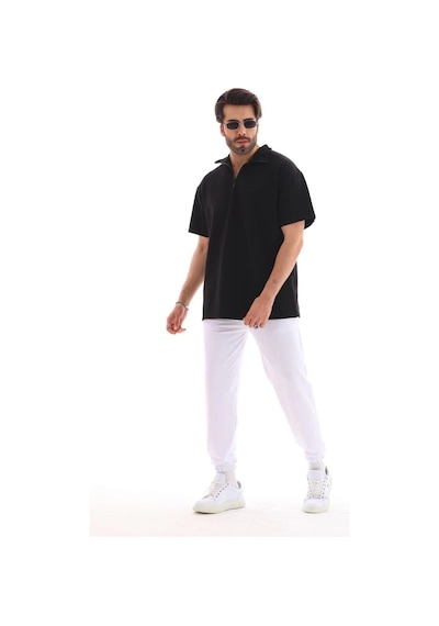 Erkek Yarım Fermuarlı Düz Oversize T-shirt - Siyah