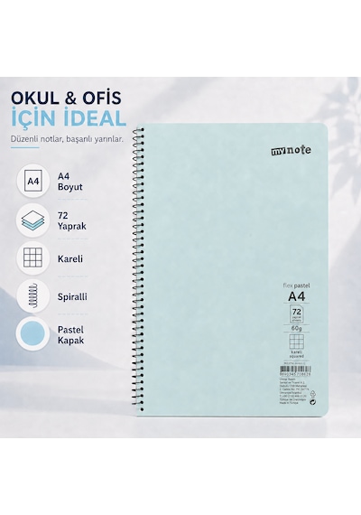 Mynote Flex Pastel A4 72 Yaprak 60 Gr Spiralli Kareli Defter Turkuaz
