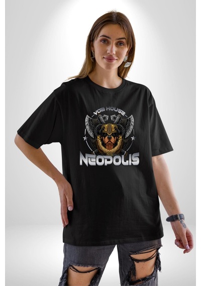 Neopolis Rottweiler Viking Pamuklu Bisiklet Yaka Unisex Oversize Boyfriend Dijital Baskılı Siyah T-shirt Siyah