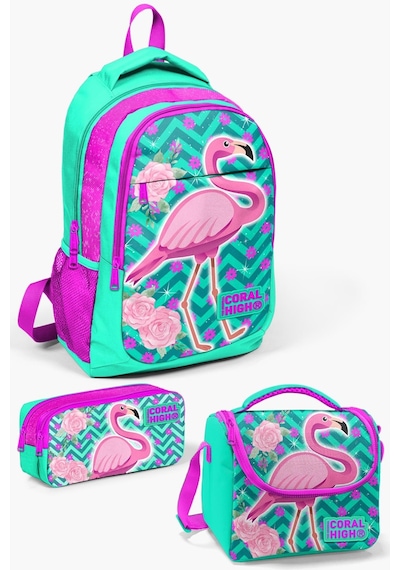 Coral High Kids Su Yeşili Pembe Simli Flamingo Desenli 3 Lü Okul Çanta Seti Set0114382