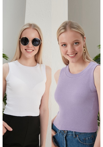 Catspy Kadın Halter Yaka 2'li Crop Bluz Atlet Beyaz - Lila