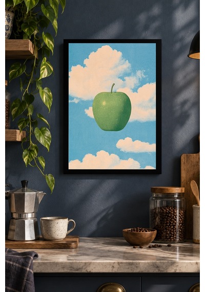 Elma Ve Bulutlar Desenli Dekoratif Mdf Tablo, Çerçeve Görünümlü Ahşap Poster