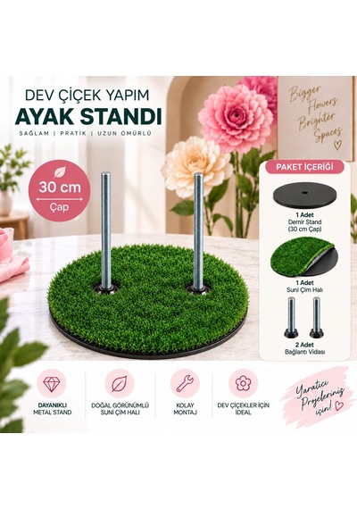 2li Dev Metal Çiçek Standı - 30 Cm, Dekoratif Eva - Krapon Kağıt Çiçek Sunum Ayağı 2 Vidalı