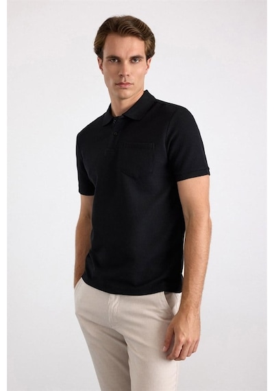 Süvari Siyah Regular Düz Baskısız Pike Düğmeli Polo Yaka Tişört Sts1014000002-s09