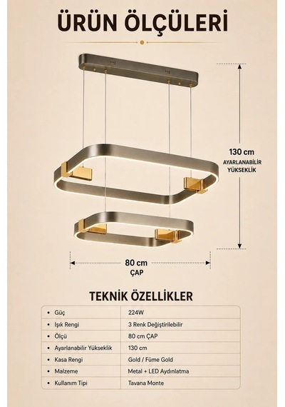 2'li Modern Premium 3 Renkli Ledli Sarkıt Avizesi Platin Salon Mutfak Oturma Odası Modelleri 224w Diğer
