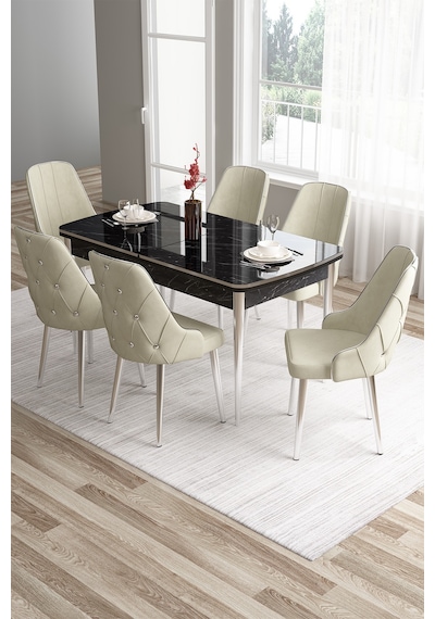 Canisa Tia Serisi 80x132 Mdf Açılabilir Siyah Mermer Desen Krom Detay Mutfak Masası Ve 6 Krem Sandalye Masa Siyah Mermer Desen Sandalye Krem