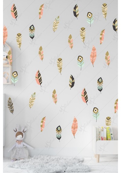 MSticker Bohem Tarzı Kuş Tüyleri 68 Adet Çocuk Bebek Odası Sticker Seti