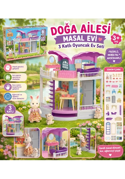 Doğa Ailesi Masal Evi 3 Katlı Oyuncak Ev Seti Figürlü, Mobilyalı Ve Aksesuarlı