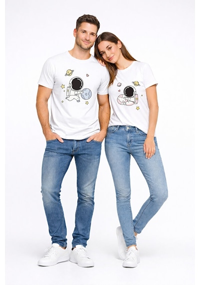 Sevgili Kombini Astronot Baskılı Çift Tişört Oversize Unisex Partner Tişört 2 Li Set Beyaz