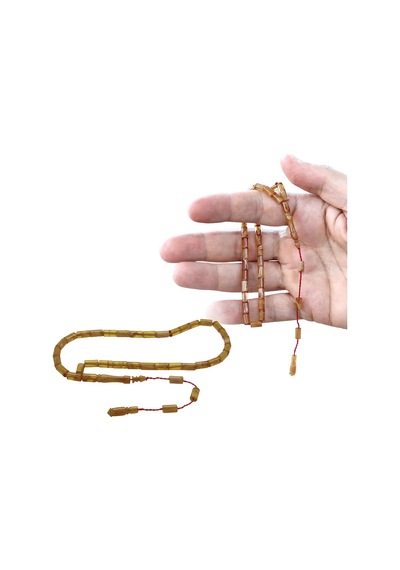 Tesbihane Ateş Kehribar Tesbih - Sistemli - Mini Boy - Kesme Kesim - Hareli Sarı Beyaz Renk