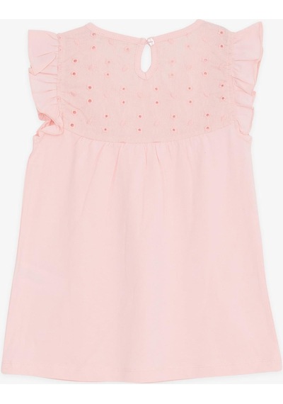 Breeze Kız Çocuk Tişört Fırfırlı Nakışlı 4-8 Yaş, Pembe-Pembe
