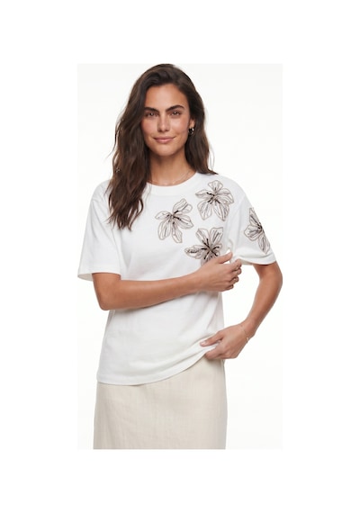 Onloox Kadın Beyaz Beyaz Pamuklu Bisiklet Yaka Basic Form Boncuk Taş Ve Payet İşlemeli Çiçek Desenli T-shirt