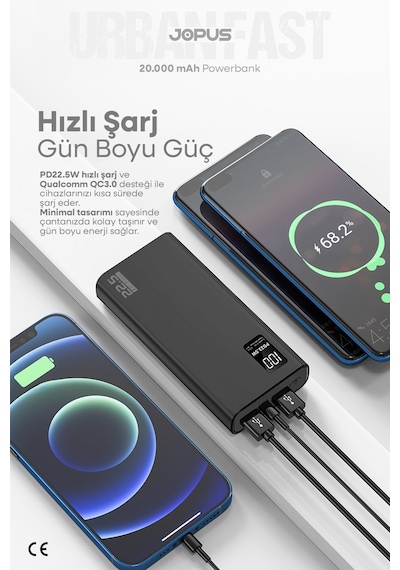 Jopus 20000mah Powerbank Pd 22.5w Hızlı Şarj - Dijital Ekranlı - Taşınabilir Şarj Cihazı Siyah