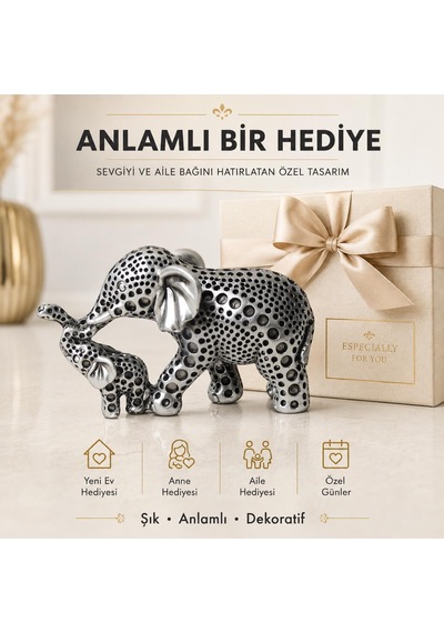 Lüks İskandinav Tasarım Anne Yavru Fil Şeklinde Heykel Biblo Yeni Ev Ve Ofis Hediyesi 17 Cm