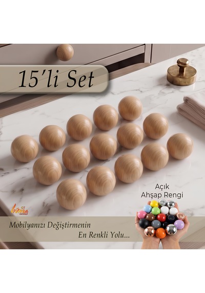 15 Adet Sert Plastik Düğme Yuvarlak Top Açık Ahşap Rengi Dolap Mobilya Mutfak Dolabı Çekmece Kulbu Kulpu Kulplar