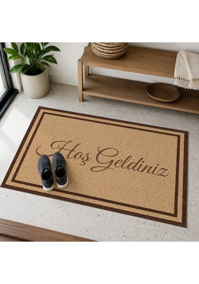 Kartela Halı Hoş Geldiniz Yazılı Çift Çerçeveli Kapı Paspası Bej Kaymaz Kauçuk Taban 60x90 Cm