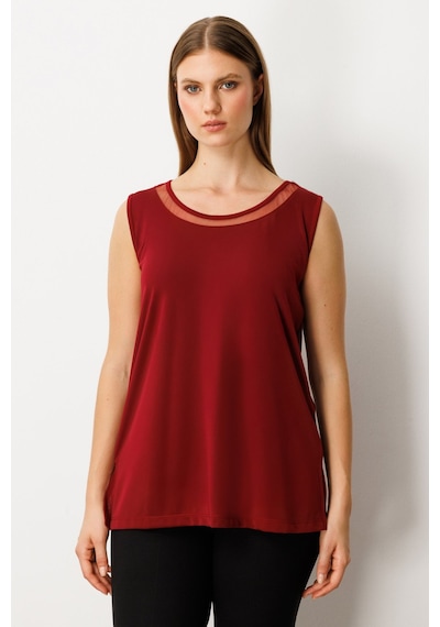 On Kadın Büyük Beden Yakası Tül Detaylı Kolsuz Basic Bluz 61311 Bordo Bordo