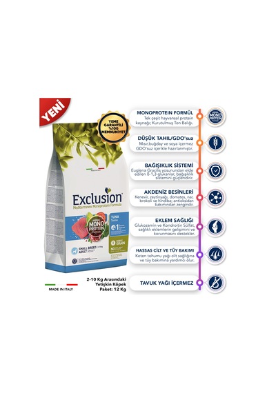 Exclusion Monoprotein Düşük Tahıllı Ton Balıklı  ve Narlı Küçük Irk Yetişkin Köpek Maması 7 KG
