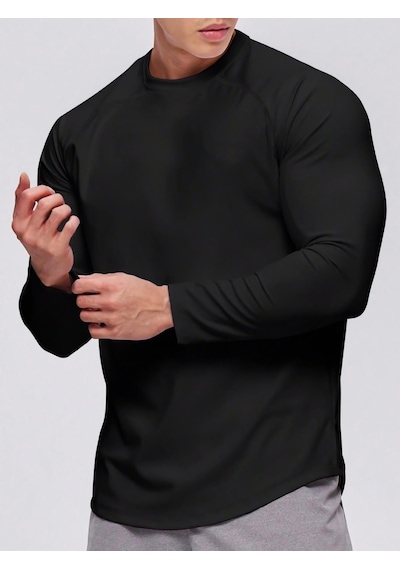 Ghassy Co. Erkek Running Sports Reglan Oval Kesim Uzun Kollu Pamuklu Penye T-shirt Siyah
