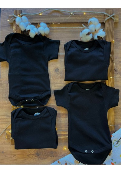 Betül Bebek Kısa Kollu 4'lü Organik Pamuk Çıtçıtlı Bebek Body & Zıbın 4adet Siyah
