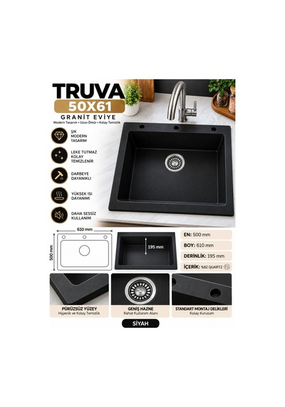 Granit Evye Truva Series Siyah Renk En:500mm Boy :610 Mm Derinlik :195 Mm