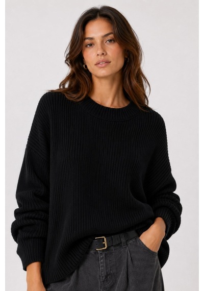 Vadon 1039 Kadın Salaş Yumuşak Dokulu Oversize Basic Triko Kazak Siyah