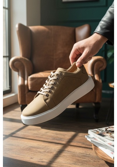 Enoch Hakiki Deri Lazer Kesim Detaylı Günlük Erkek Sneaker Comfort Taban Bej